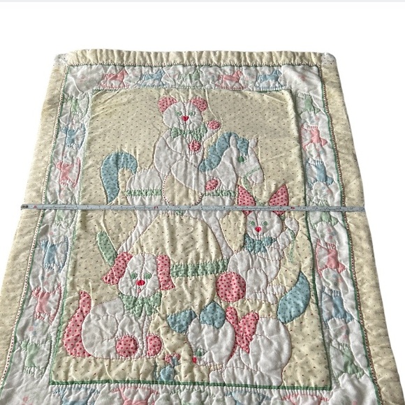 Vintage Nursery Baby Quilt Featuring Bear Cat Dog And Rabbit Rocking Horse Trim - Picture 5 of 16